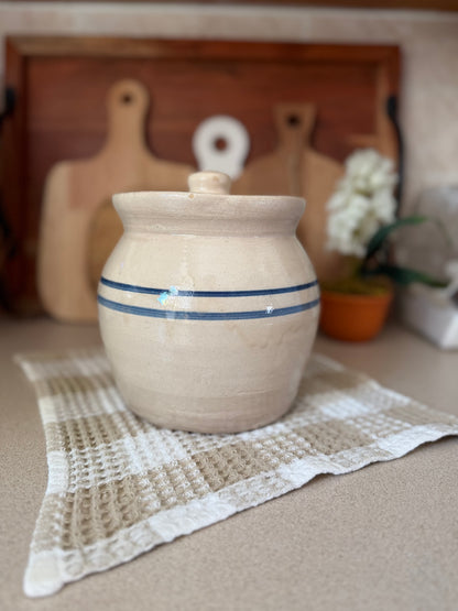 Blue Striped Stoneware Jar with Lid