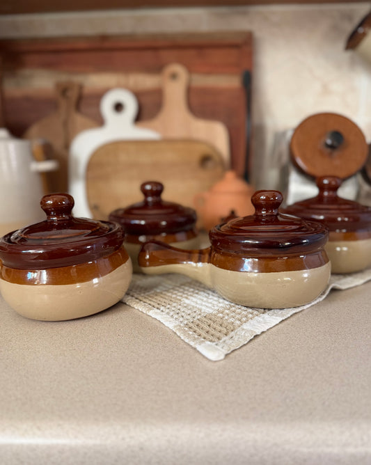 Set of 4 Brown Stoneware Soup Crocks made in Taiwan