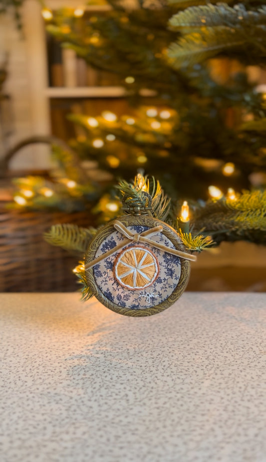 Small Dried Orange Blue Floral Embroidery Ornament