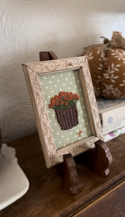 Rust-Colored Mum in Basket Embroidery in Hand-made Wooden Frame
