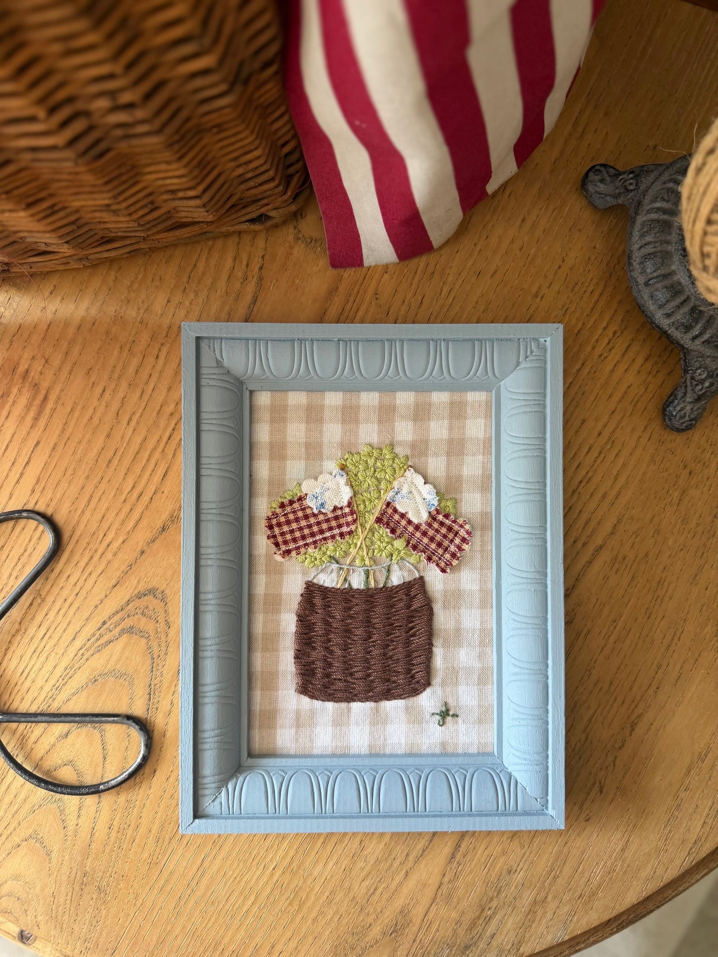 Quilted Flags in a Basket Vase with Hydrangeas