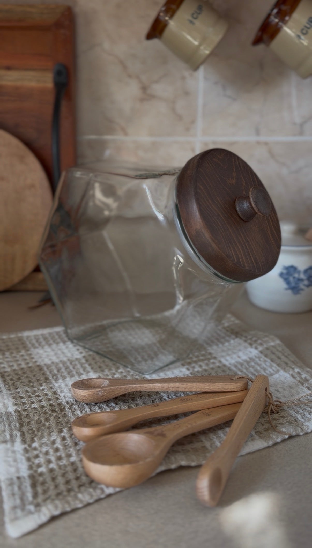 Large Glass Hexagon Canister with Wooden Lid