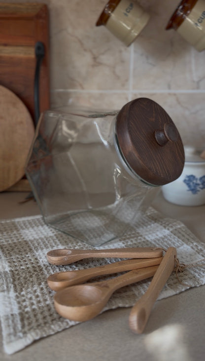 Large Glass Hexagon Canister with Wooden Lid