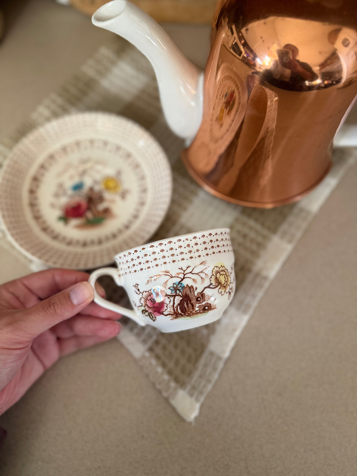 Brown Floral Teacup and Saucer set made in Japan