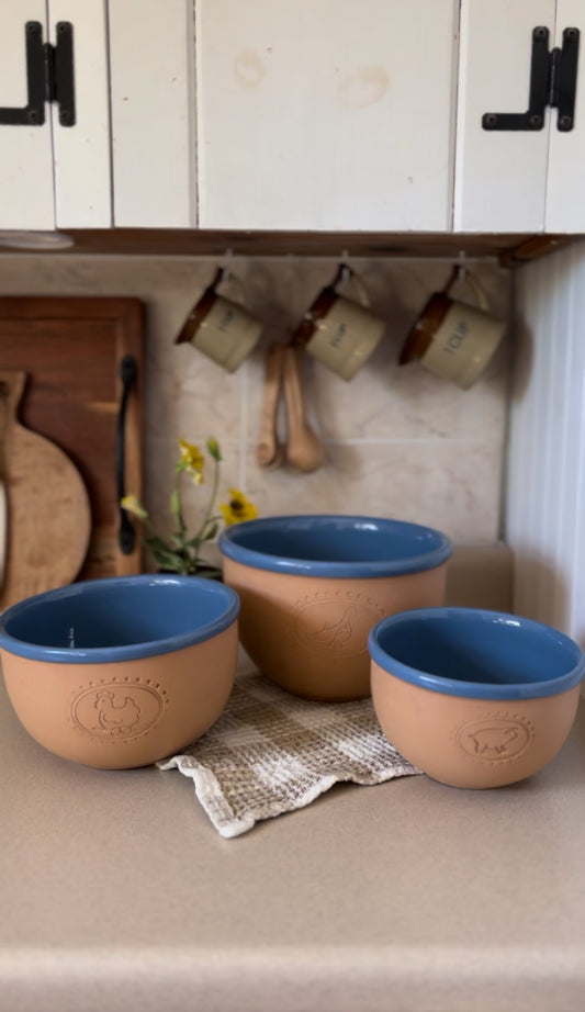 Set of 3 Blue Glazed Terracotta Nested Mixing Bowls with Farm Animal Etchings - made in Italy
