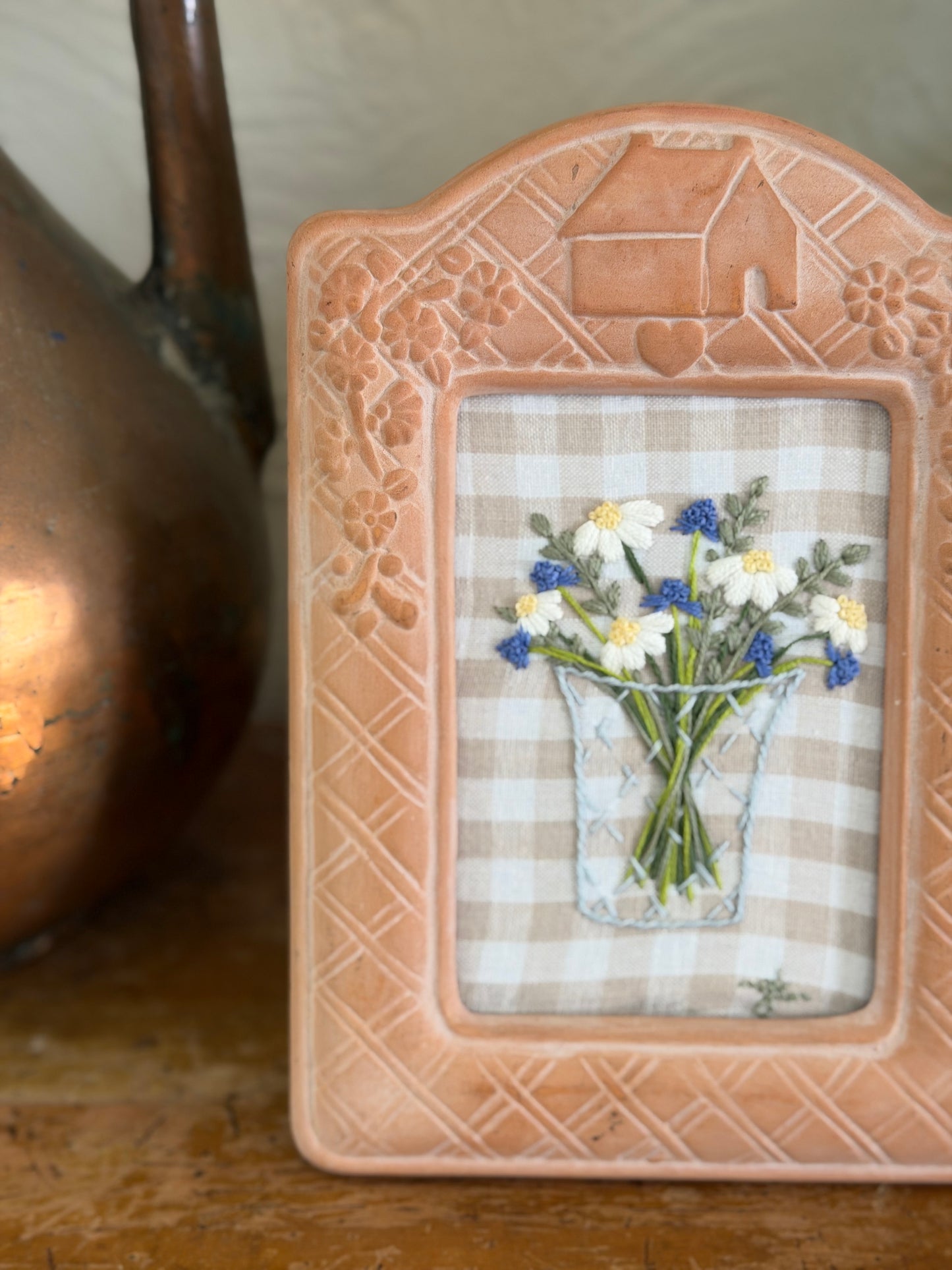 Floral Bouquet in a Vase Embroidery Art in Terra Cotta Frame