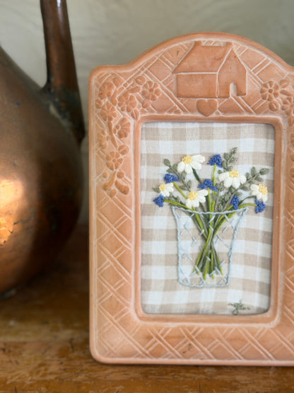 Floral Bouquet in a Vase Embroidery Art in Terra Cotta Frame