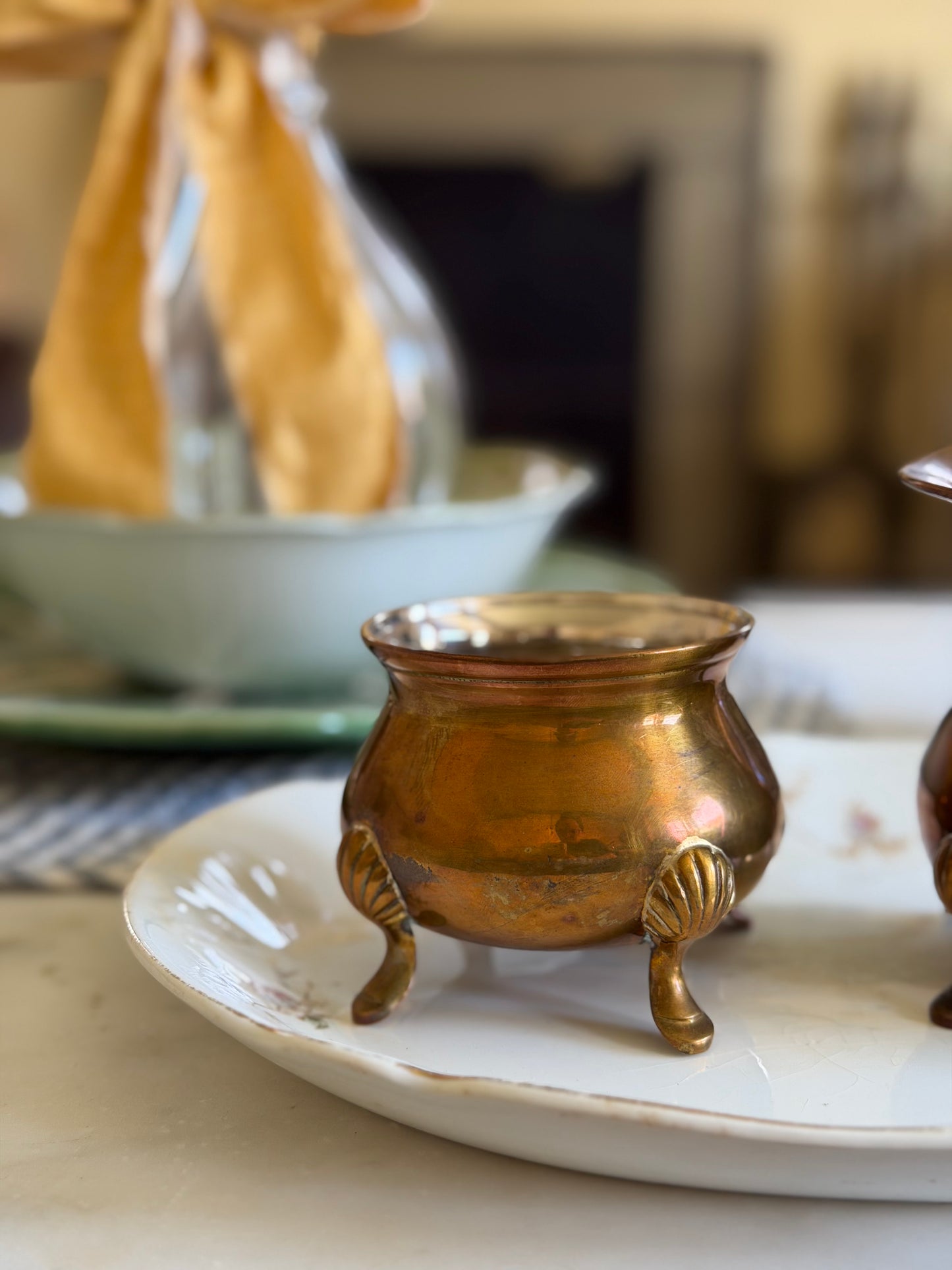 Brass Claw-Foot Sugar and Creamer Set with Silver Interior