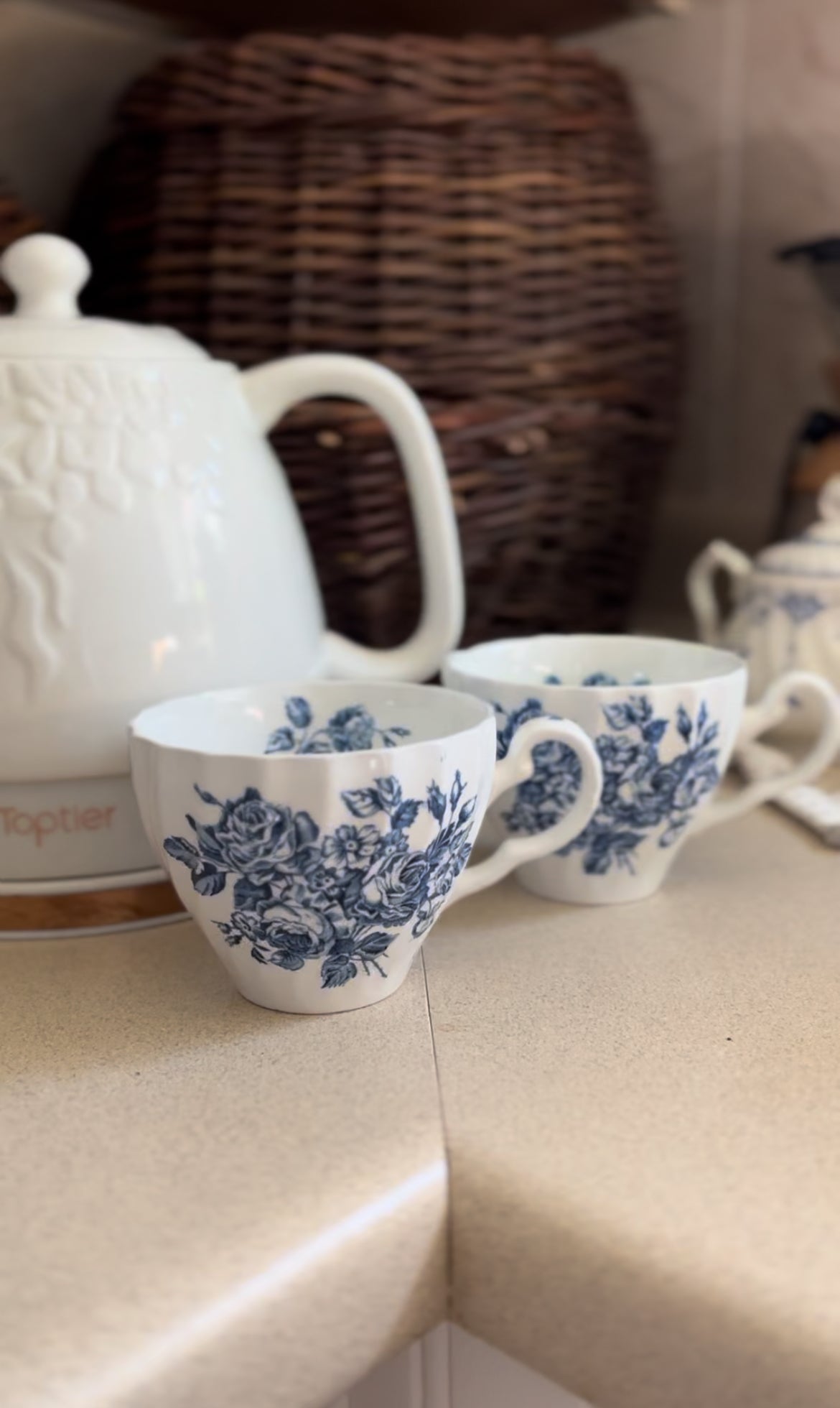 Set of 2 Blue and White Floral Ironstone Teacups made in England