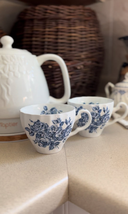 Set of 2 Blue and White Floral Ironstone Teacups made in England