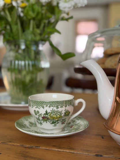 Set of 4 Enoch Wedgwood Green Floral Teacups and Saucers