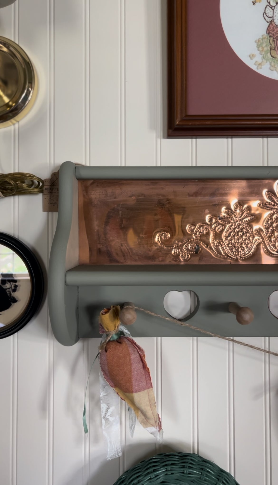 Refinished Solid Wood Shelf with Copper Backing and Pegs