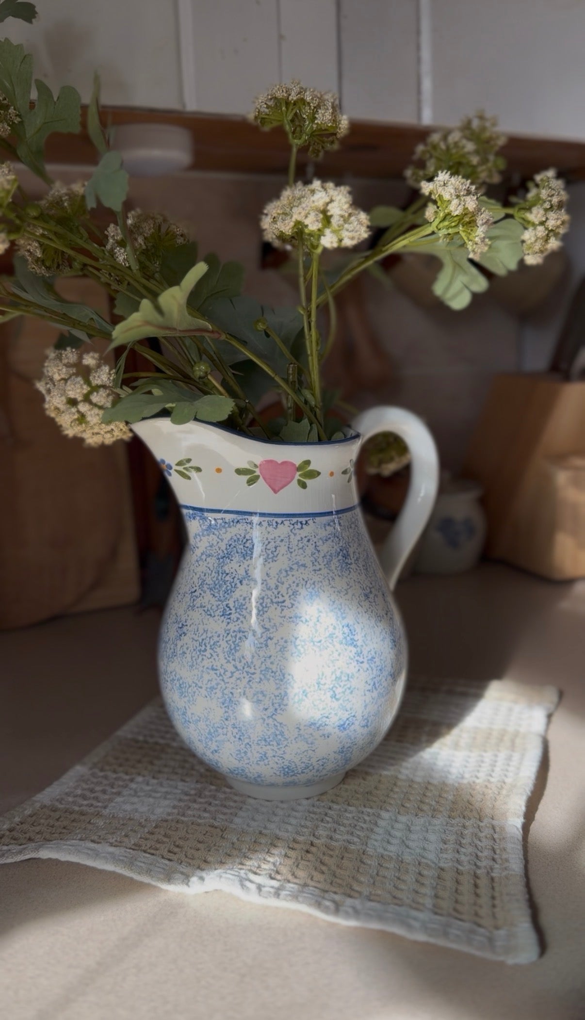 Vintage R.B. Bernarda Portuguese Pottery Blue Sponged Heart Pitcher