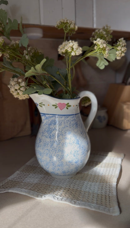 Vintage R.B. Bernarda Portuguese Pottery Blue Sponged Heart Pitcher