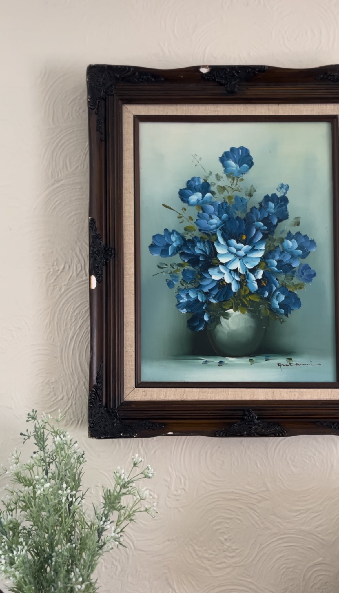 Original Signed Blue Floral Oil Painting In Ornate Wooden Frame