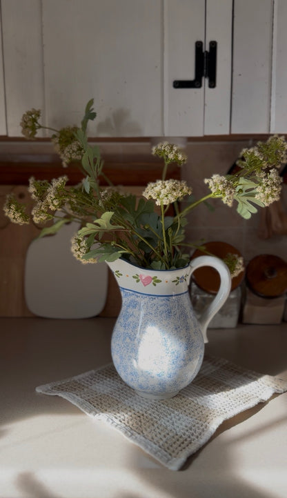 Vintage R.B. Bernarda Portuguese Pottery Blue Sponged Heart Pitcher