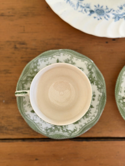 Set of 4 Enoch Wedgwood Green Floral Teacups and Saucers