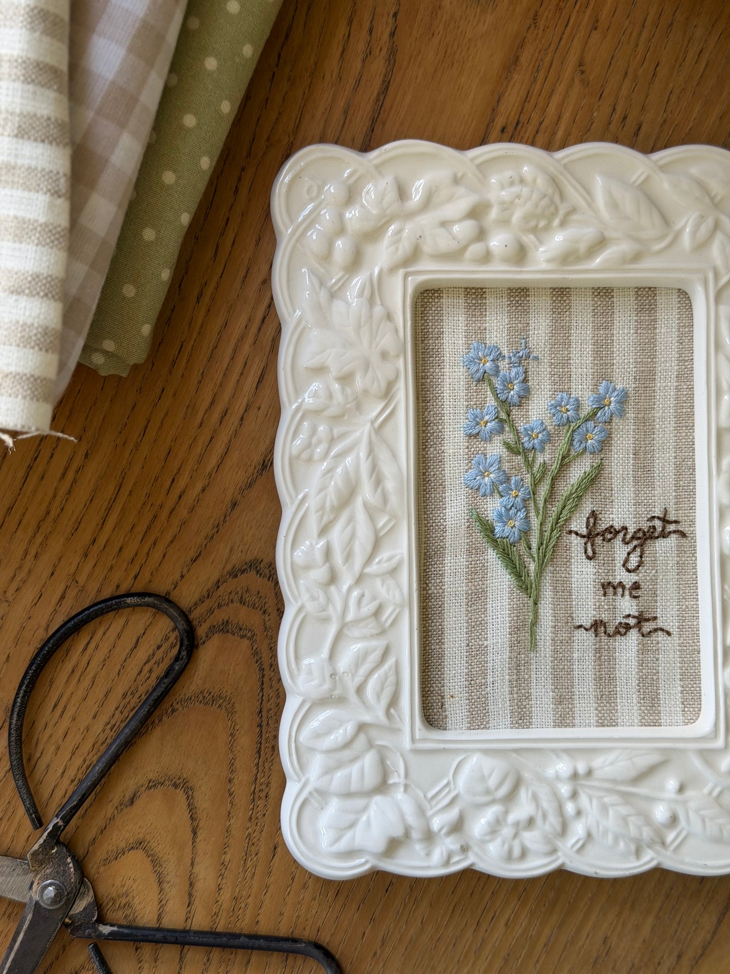 Large Forget-Me-Not Embroidery Art in a Vintage White Ceramic Frame