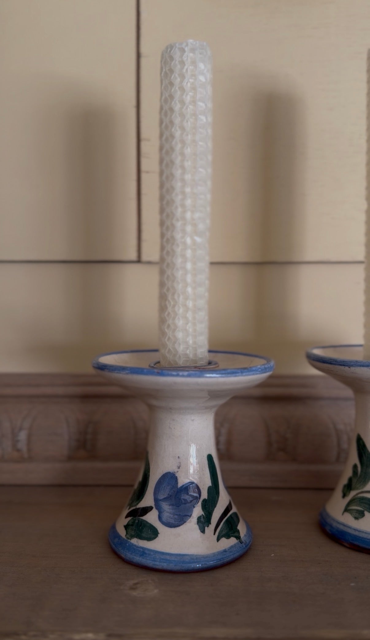 Hand-Painted Blue Floral Pottery Candle Holders - set of 2 (candles not included)
