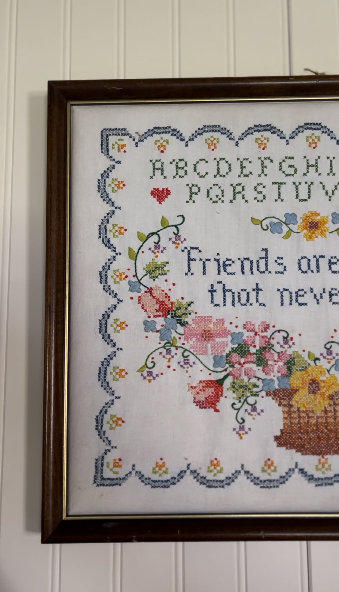 Vintage Cross Stitch "friends are flowers that never fade" Floral Alphabet Art