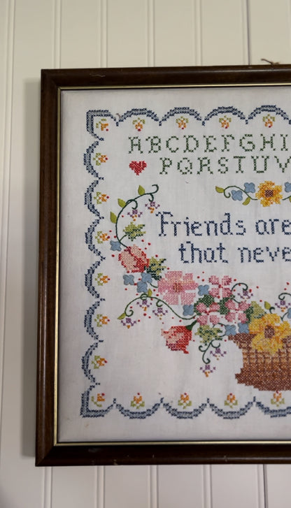 Vintage Cross Stitch "friends are flowers that never fade" Floral Alphabet Art