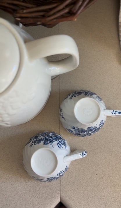 Set of 2 Blue and White Floral Ironstone Teacups made in England