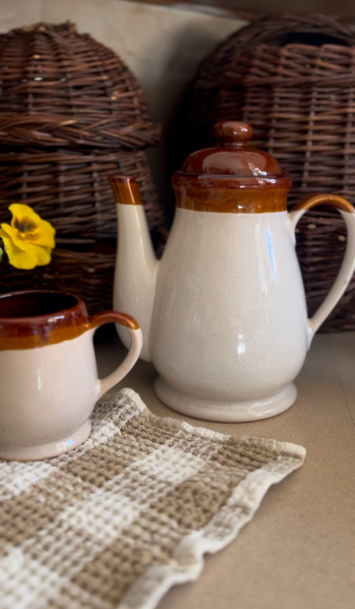 Brown Stoneware Tea Set (includes teapot, creamer, and four mugs)