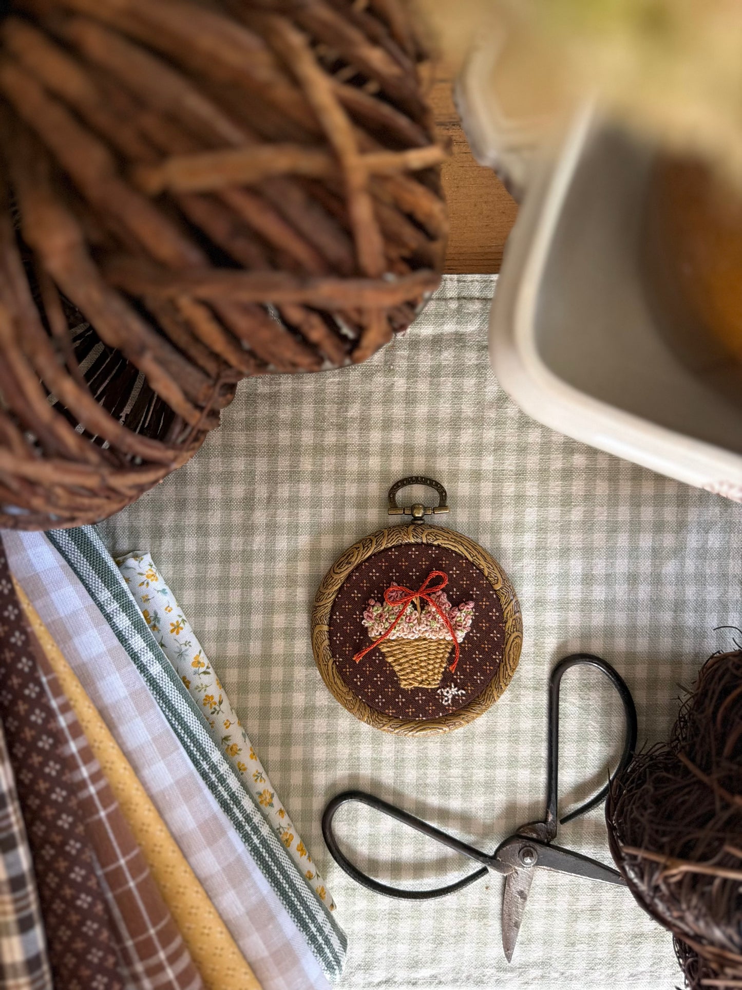 Basket of Hydrangeas on Brown Fabric Mini Embroidery Magnet