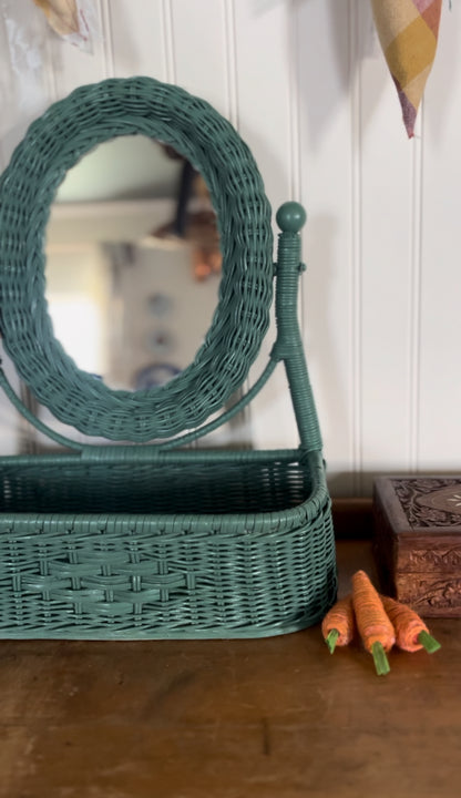 Refinished Wicker Vanity Mirror with Attached Basket