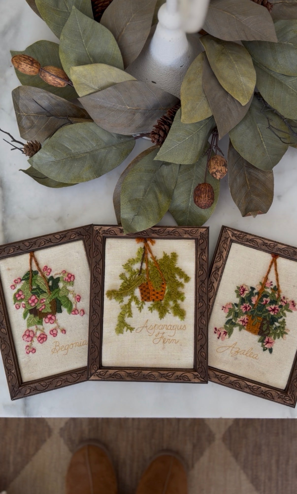 Embroidered Hanging Baskets in Handmade Wooden Frames