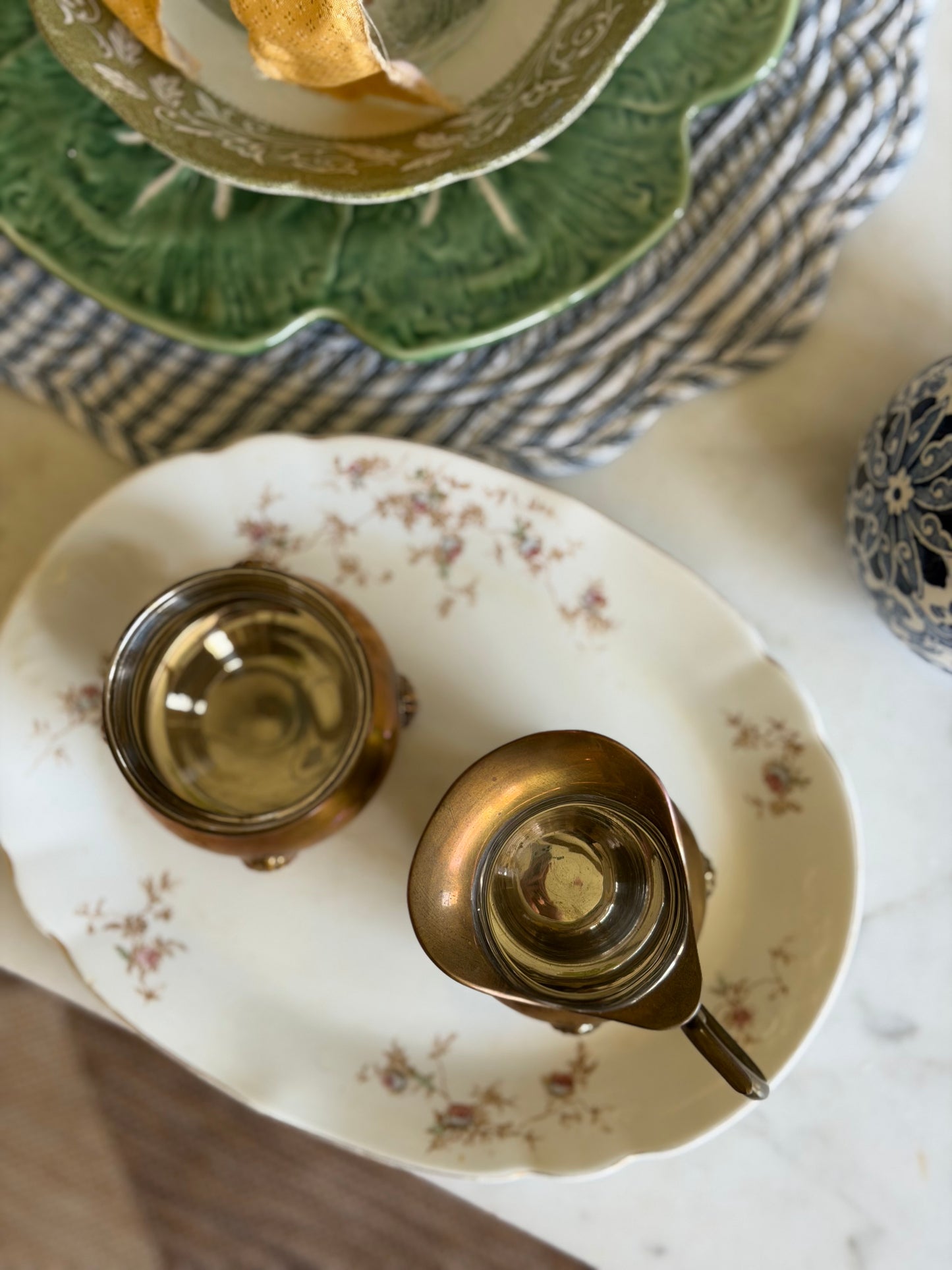 Brass Claw-Foot Sugar and Creamer Set with Silver Interior