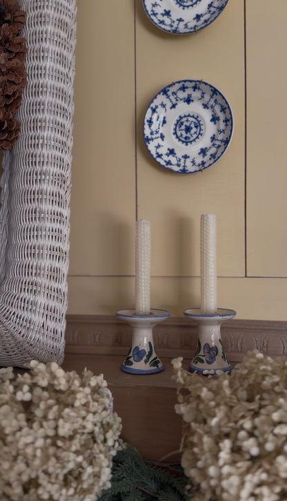 Hand-Painted Blue Floral Pottery Candle Holders - set of 2 (candles not included)