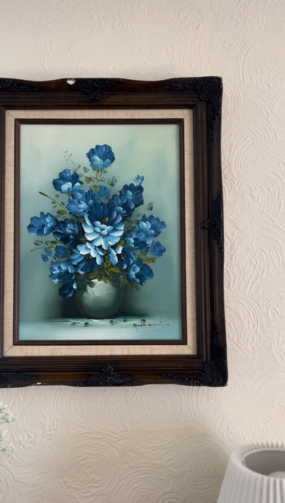 Original Signed Blue Floral Oil Painting In Ornate Wooden Frame