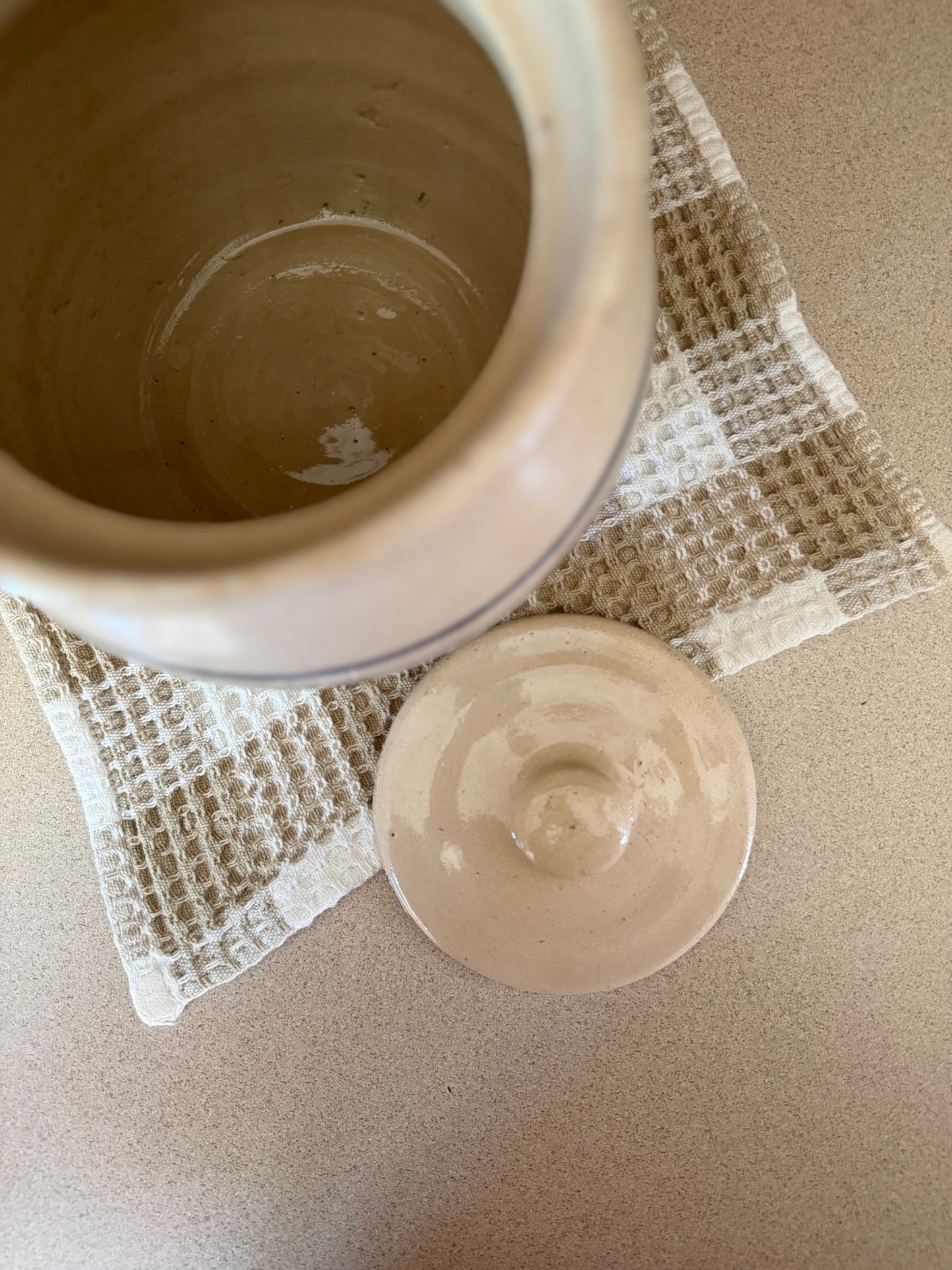 Blue Striped Stoneware Jar with Lid