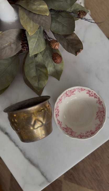 Brass Heart Planter with Red Floral Meakin Staffordshire England Bowl (flowers not included)
