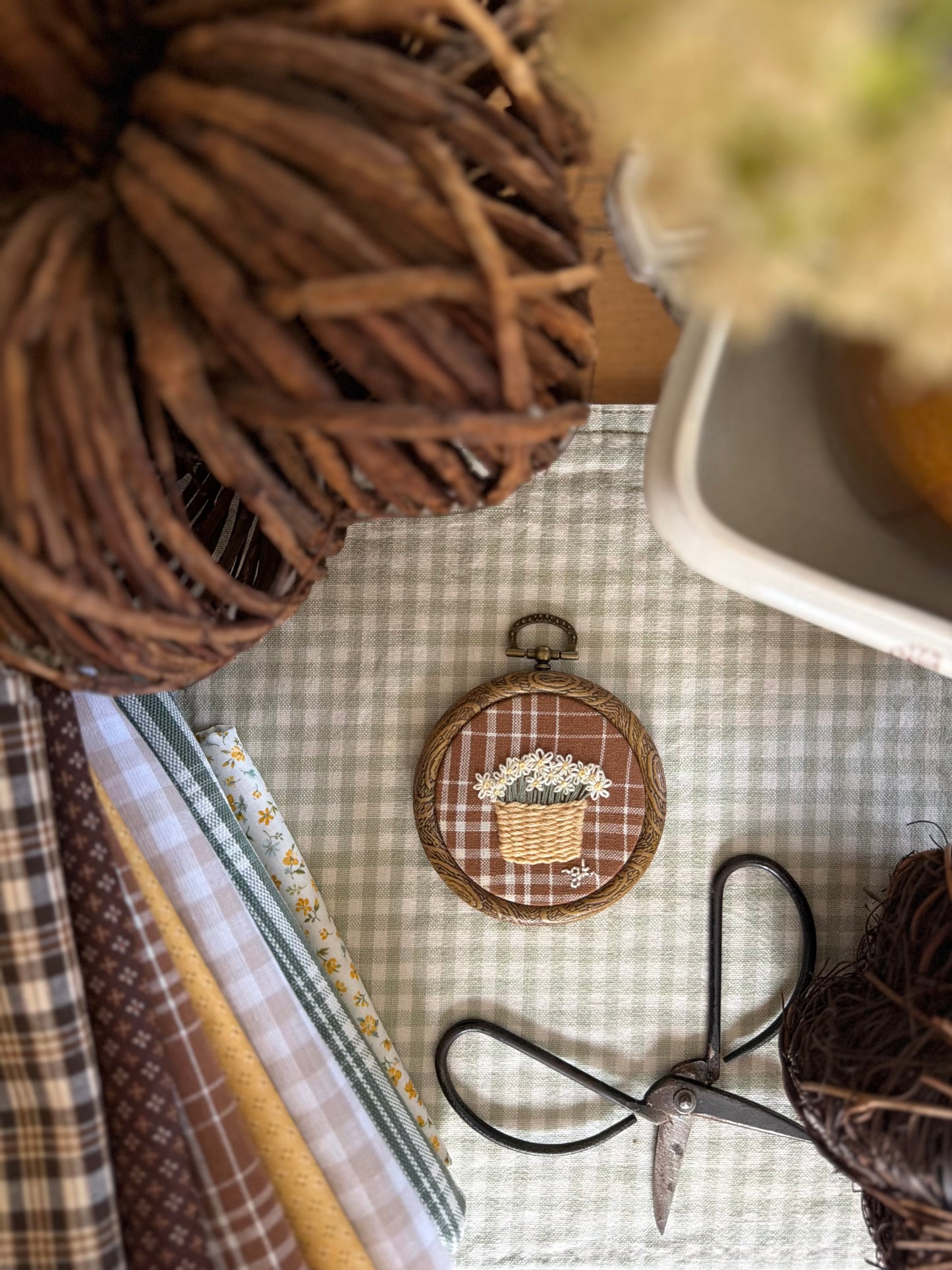 Mum on Rust-Colored Striped Fabric Mini Embroidery Magnet