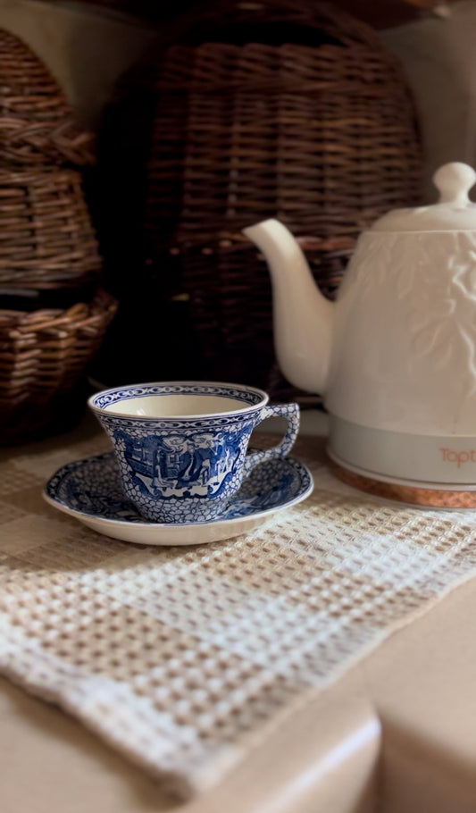 Vintage William Adams Blue and White English Teacup and Saucer with the Chinese Bird Pattern (3 left)