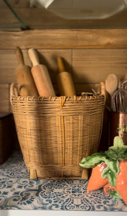 Double Handle Light Colored Woven Basket (flowers and rolling pins not included)