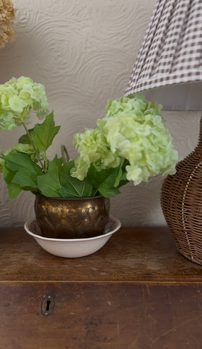 Brass Heart Planter with Red Floral Meakin Staffordshire England Bowl (flowers not included)