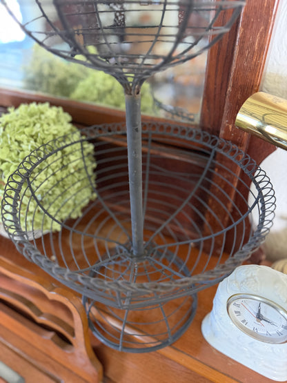 Two-Tiered French Loop Wrought Iron Wire Pedestal Fruit Basket