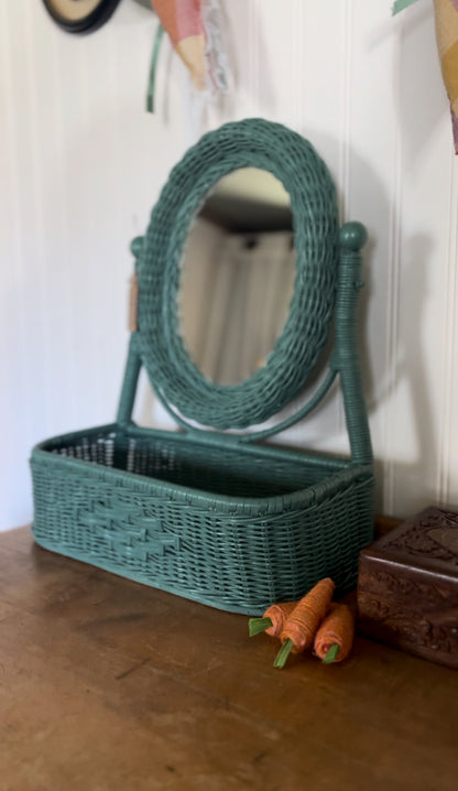 Refinished Wicker Vanity Mirror with Attached Basket