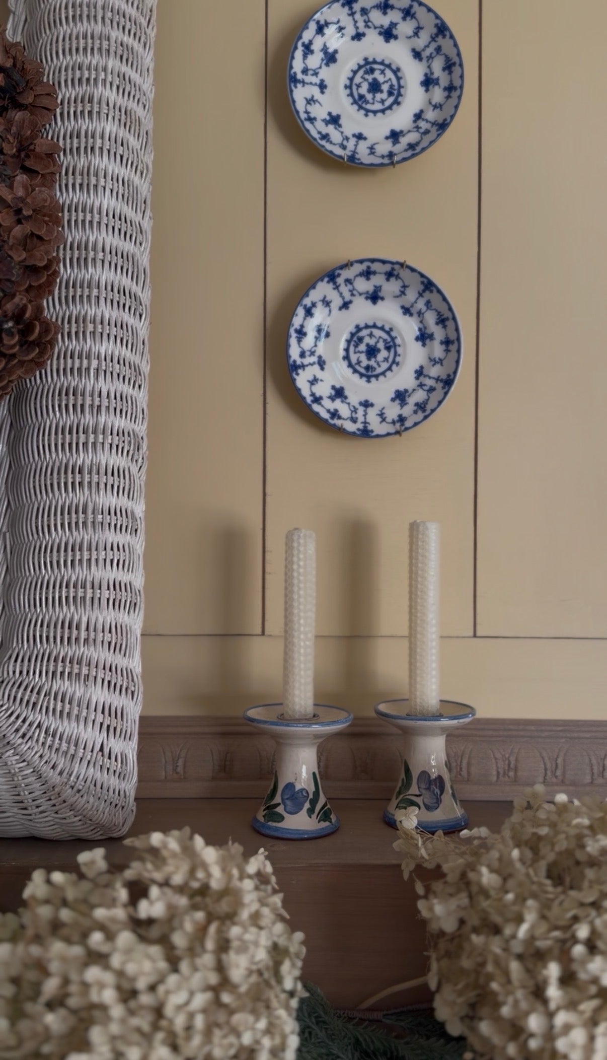 Hand-Painted Blue Floral Pottery Candle Holders - set of 2 (candles not included)