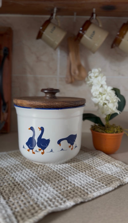 Set of 3 Vintage Rosenthal Netter Blue Geese Ceramic Canisters with Hand-Made Wooden Lids