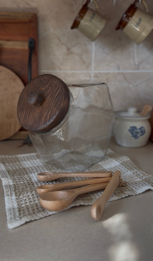 Large Glass Hexagon Canister with Wooden Lid