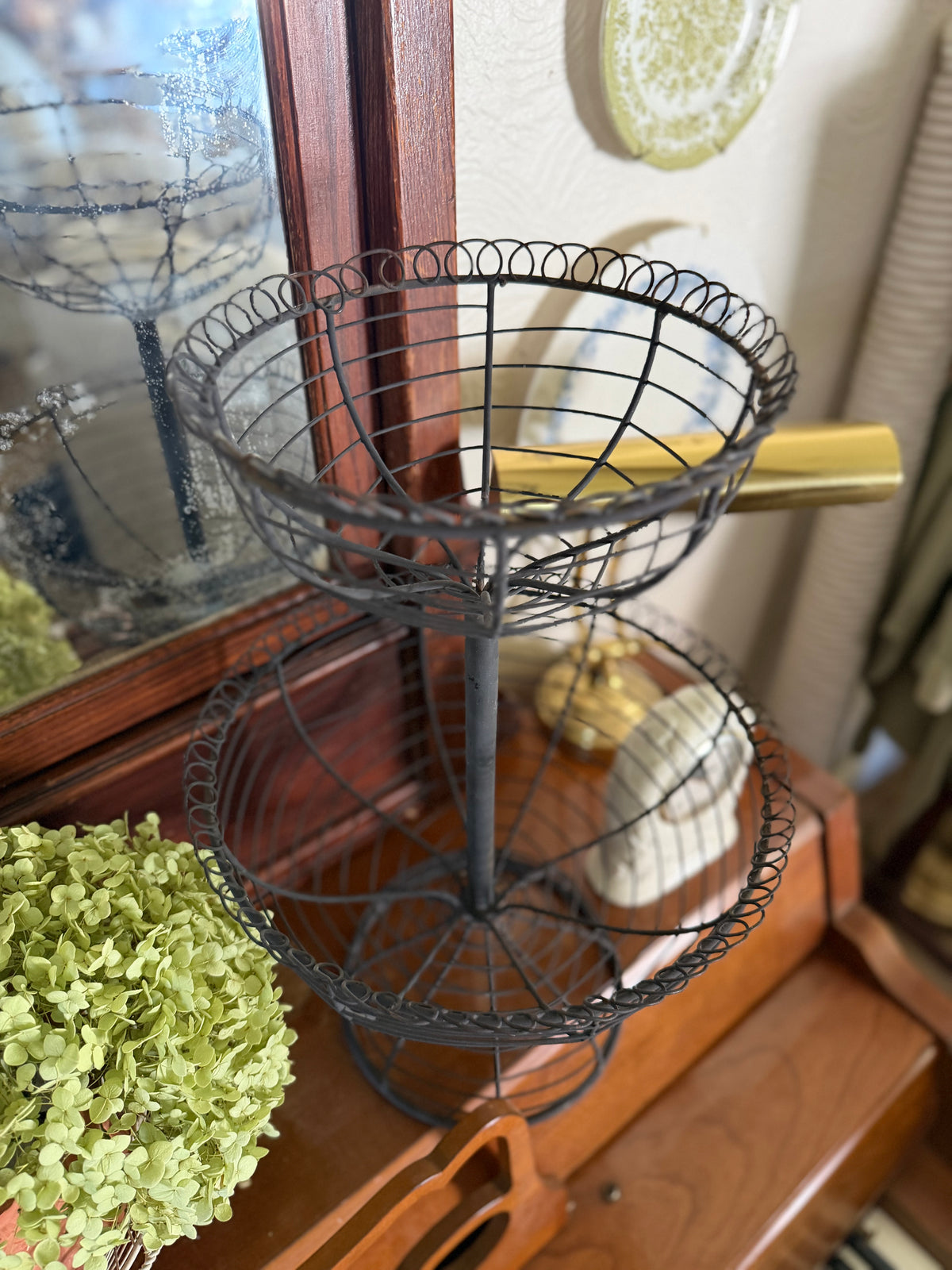 Two-Tiered French Loop Wrought Iron Wire Pedestal Fruit Basket