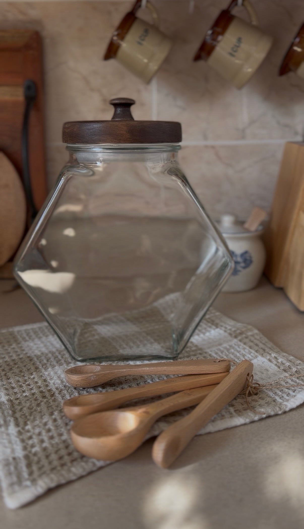 Large Glass Hexagon Canister with Wooden Lid