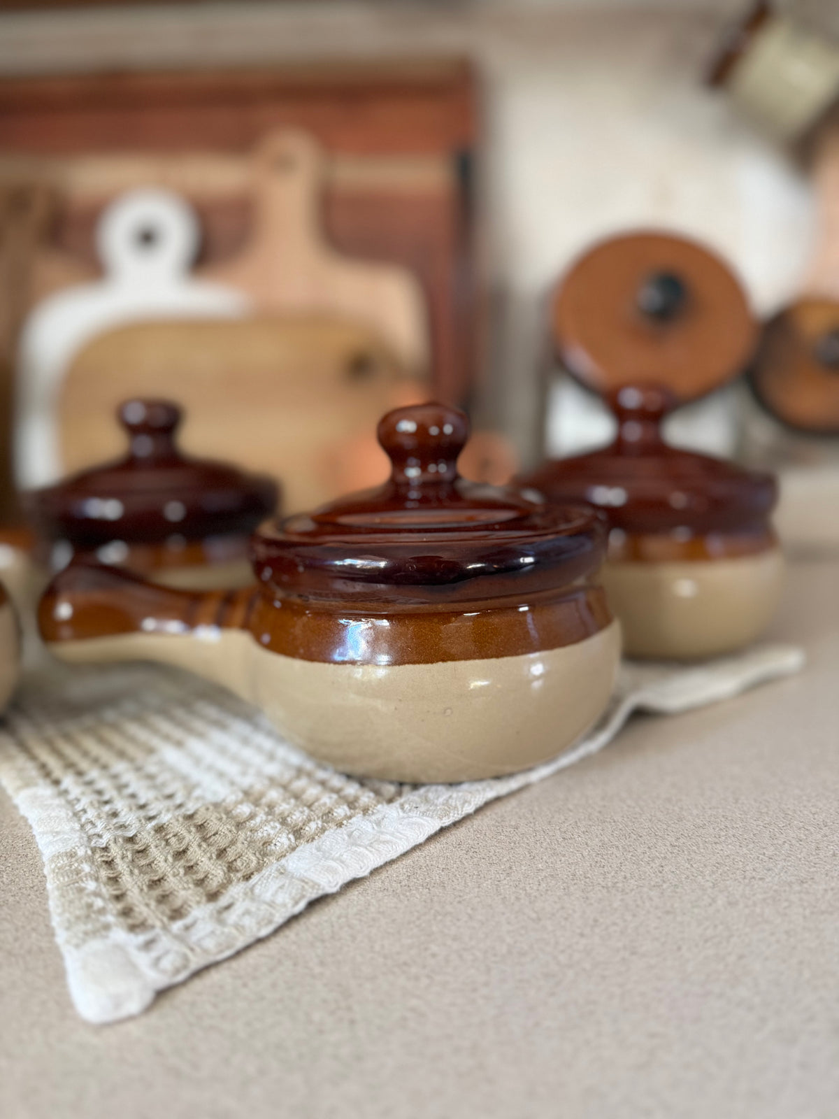 Set of 4 Brown Stoneware Soup Crocks made in Taiwan