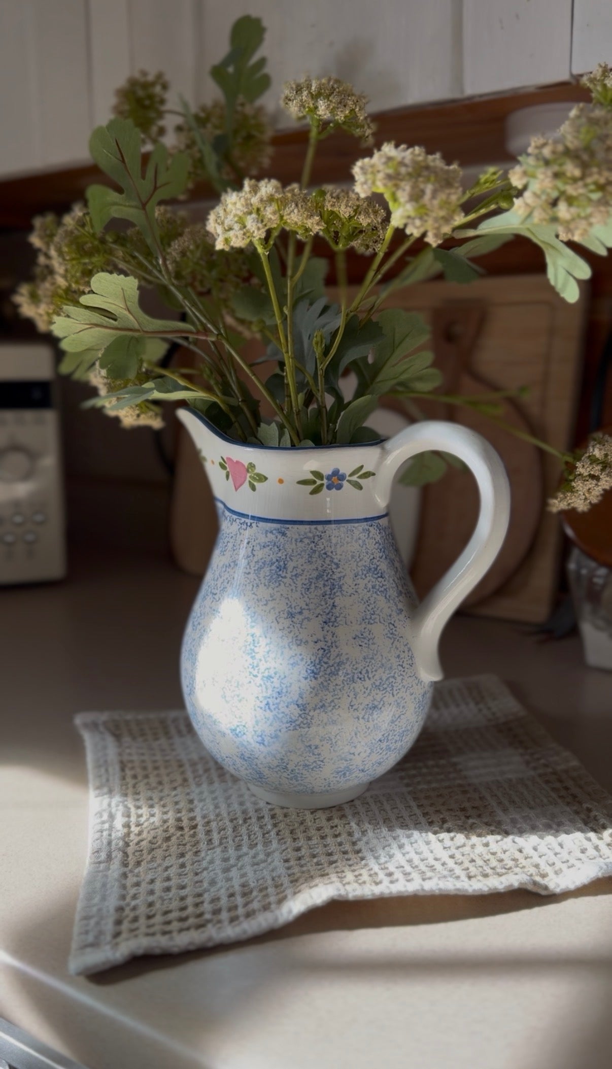 Vintage R.B. Bernarda Portuguese Pottery Blue Sponged Heart Pitcher