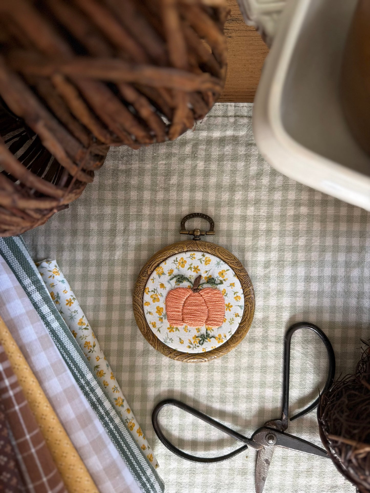 Pumpkin on Yellow Floral Fabric Mini Embroidery Magnet