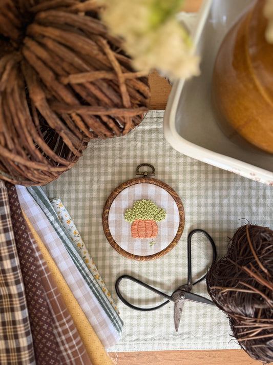 Pumpkin filled with Hydrangeas on Gingham Fabric Embroidery Magnet